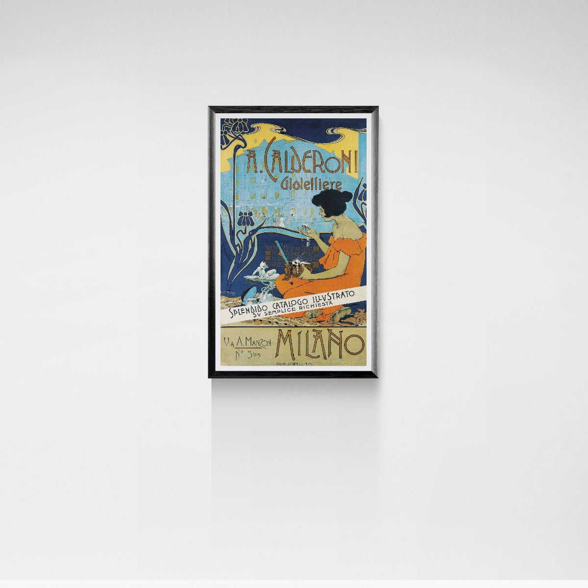 Framed vintage-style poster on a white wall