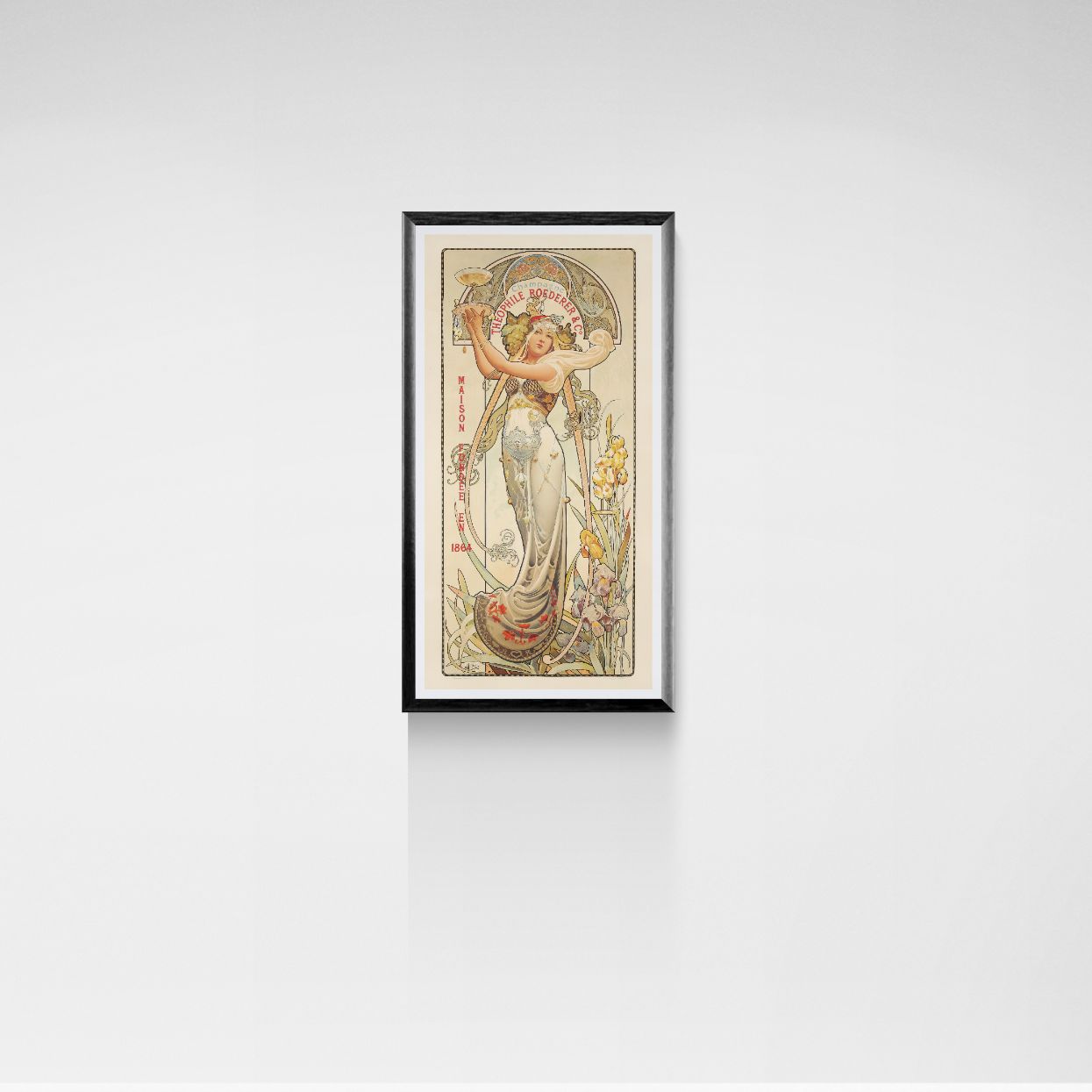 Framed vintage-style artwork of a woman with decorative elements on a white wall.