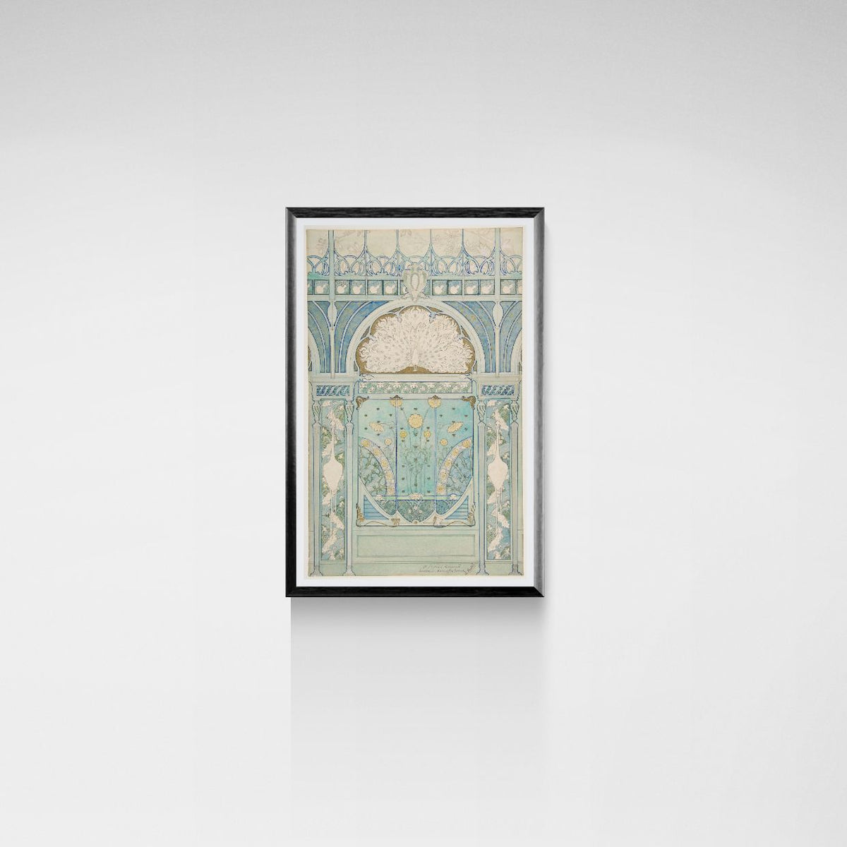 Framed artwork of a decorative architectural design on a white wall