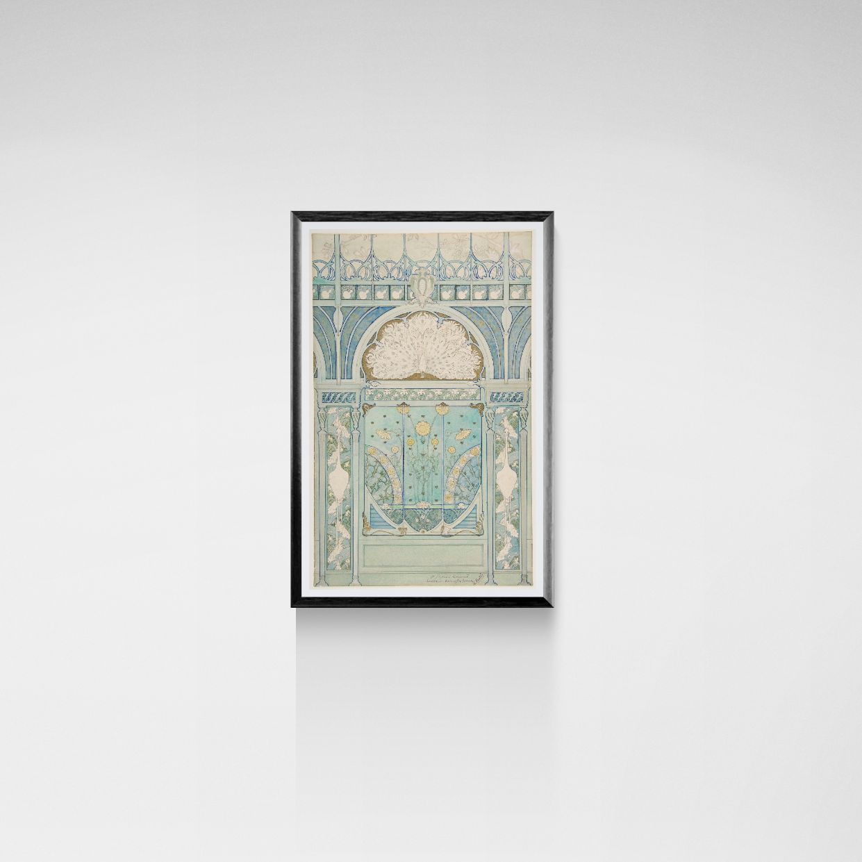 Framed artwork of a decorative architectural design on a white wall