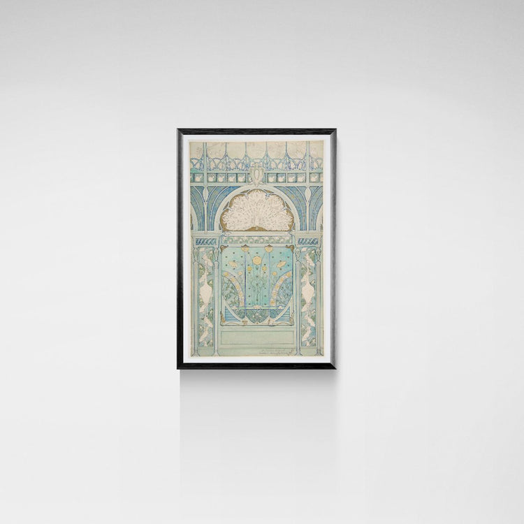 Framed artwork of a decorative architectural design on a white wall
