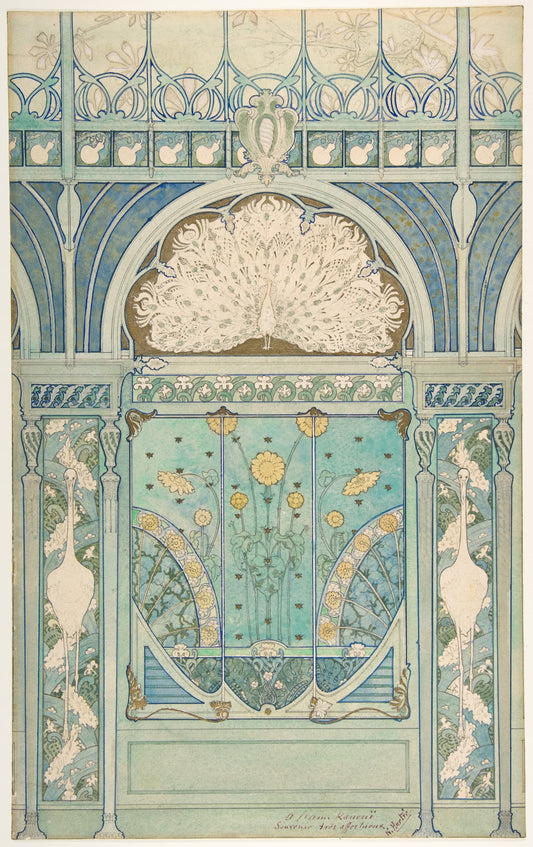 Decorative design with floral elements and geometric patterns on a light blue background