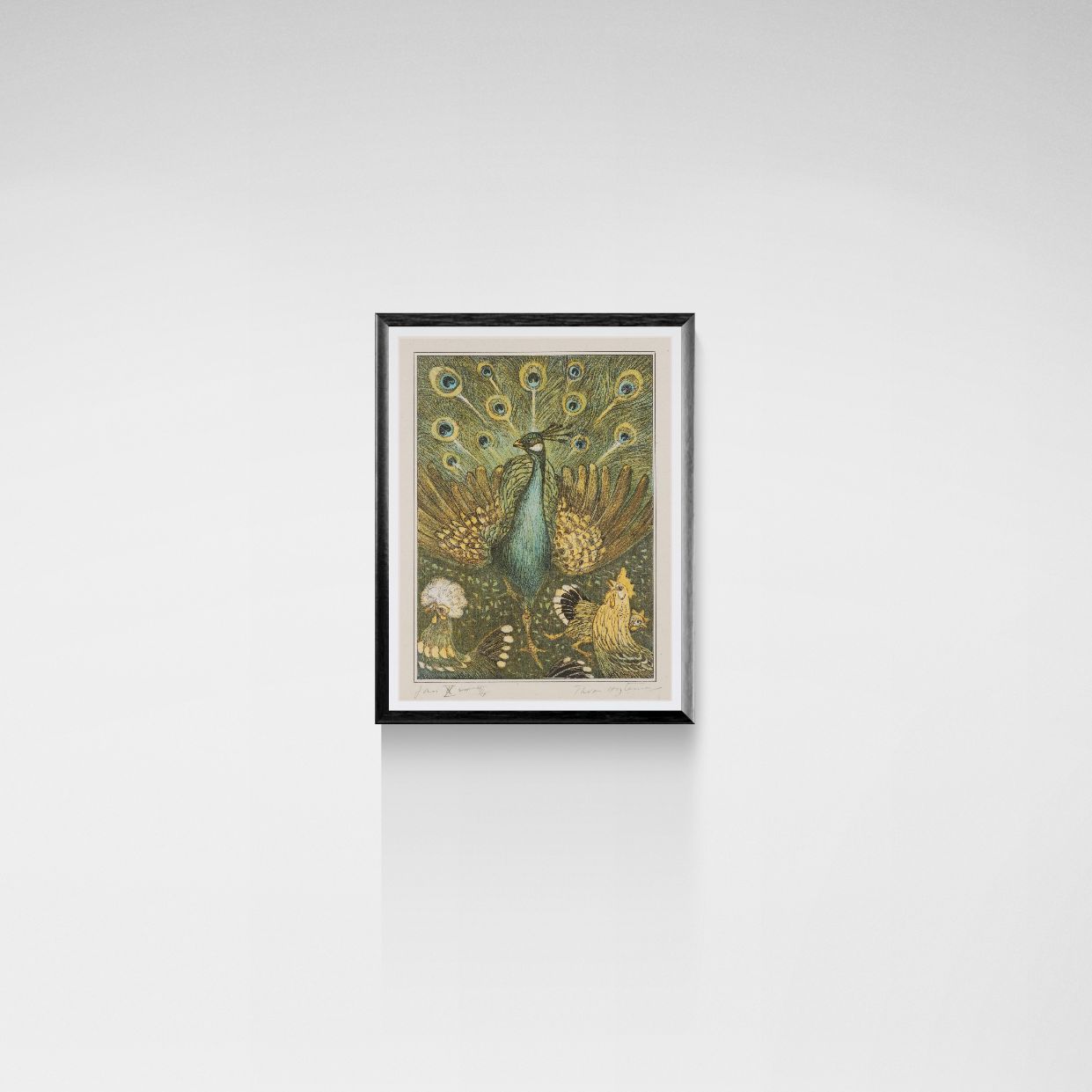 Framed artwork of a peacock on a white wall