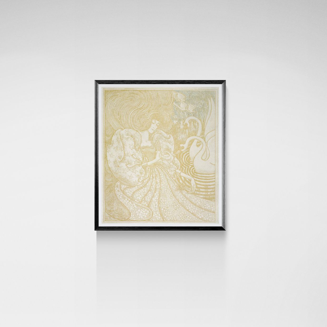 Framed artwork of a couple dancing with swans on a light background