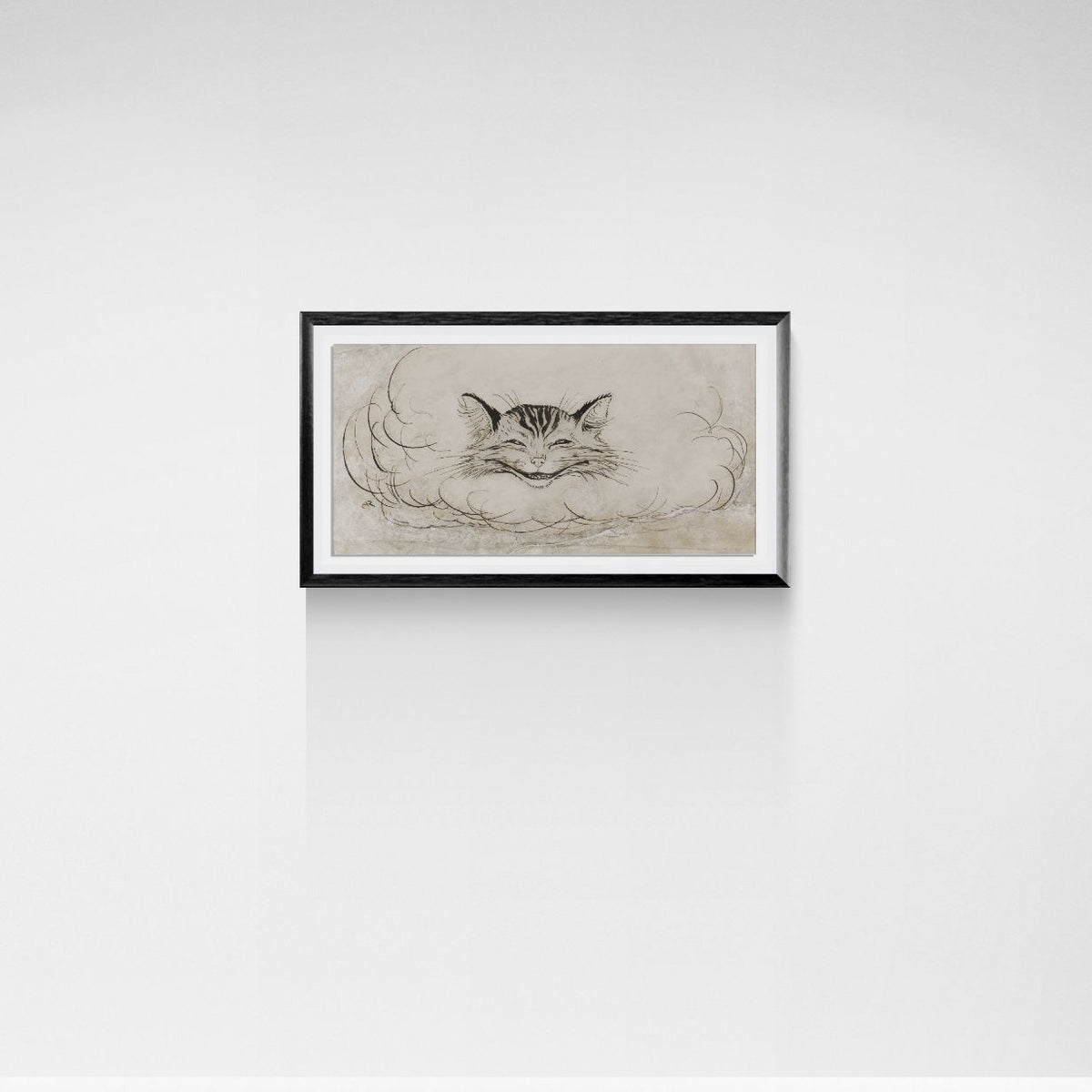 Framed artwork of a cat on a white wall