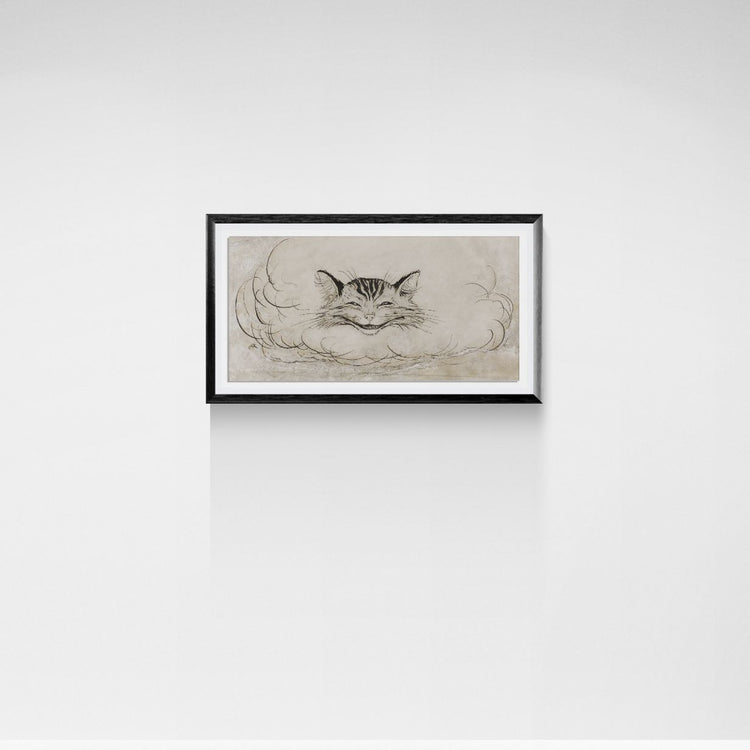 Framed artwork of a cat on a white wall