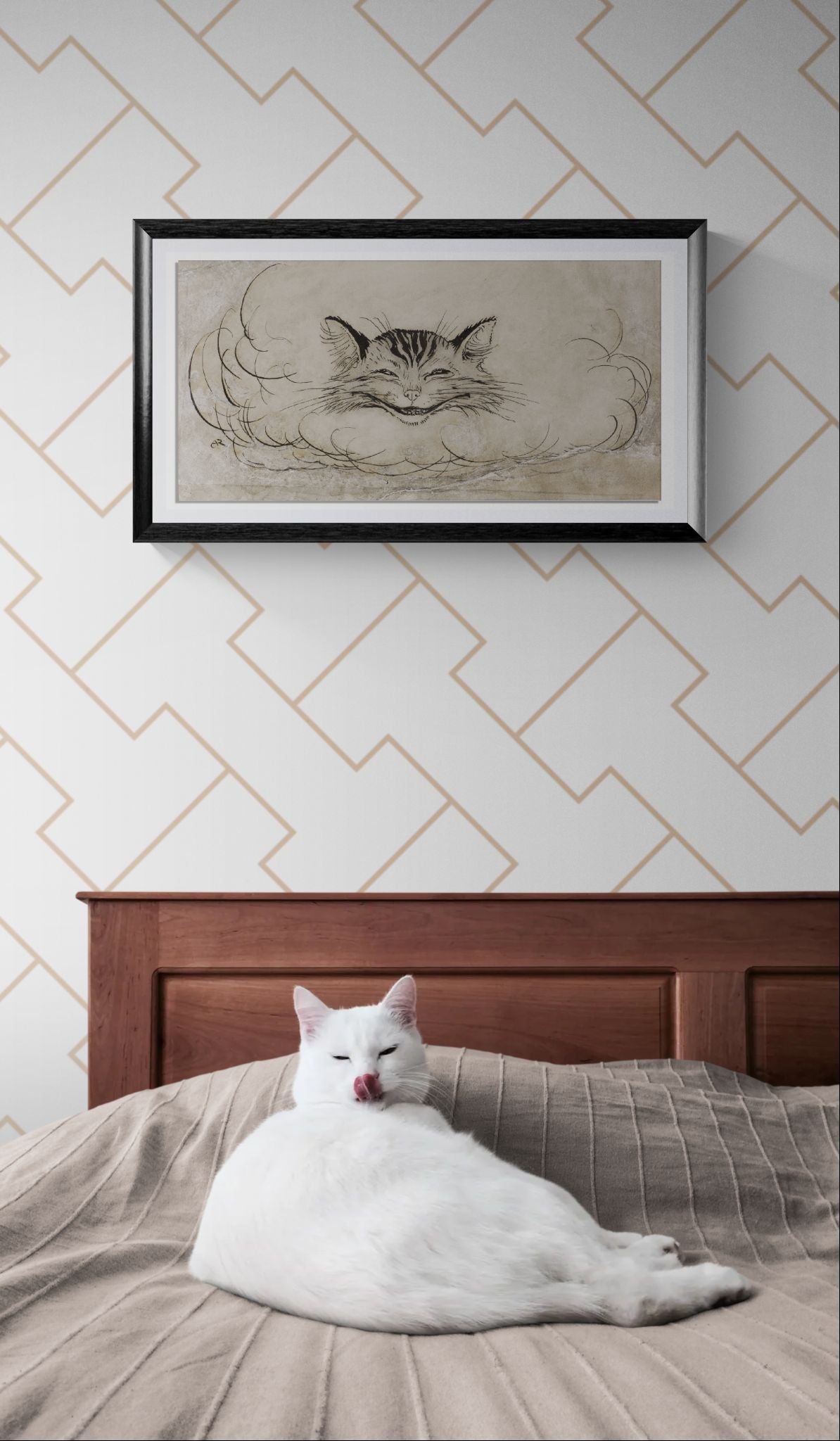 White cat sitting on a bed with a framed black and white drawing of a cat on the wall above.