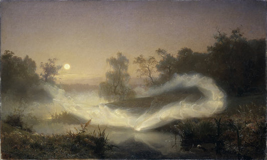 High-quality Giclée reproduction of August Malmström's 1866 "Dancing Fairies" (Älvalek), showing indistinct figures of fairies dancing in the mist over a moonlit pond in a forested landscape, Romanticism style.
