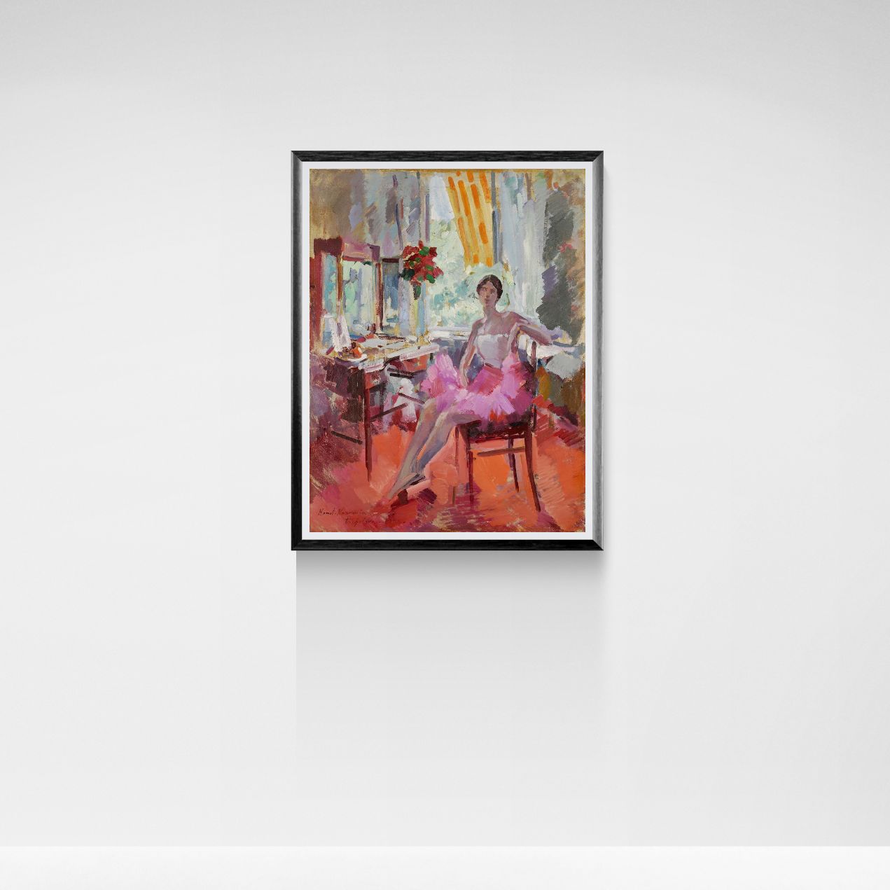 Framed painting of a woman in a pink ballet dress sitting in a room with a large window.