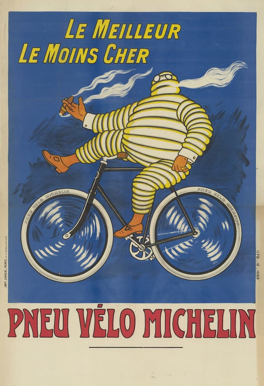 Vintage Michelin bicycle advertisement poster featuring the Michelin man in a yellow-and-white striped suit riding a bicycle against a blue background, with French text reading 'Le Meilleur Le Moins Cher' and 'Pneu Vélo Michelin'.