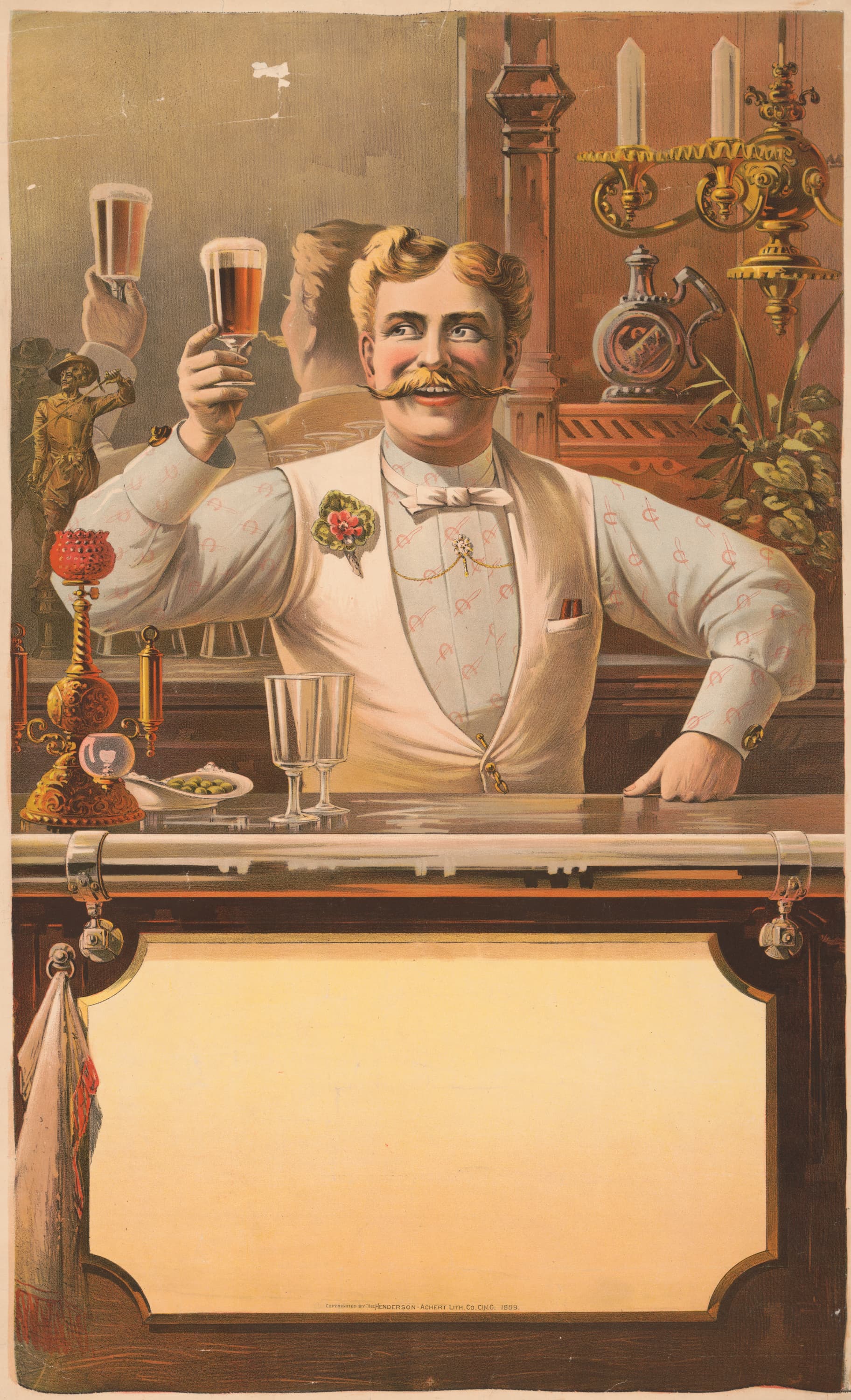 Man behind a bar holding a glass of beer in an ornate setting