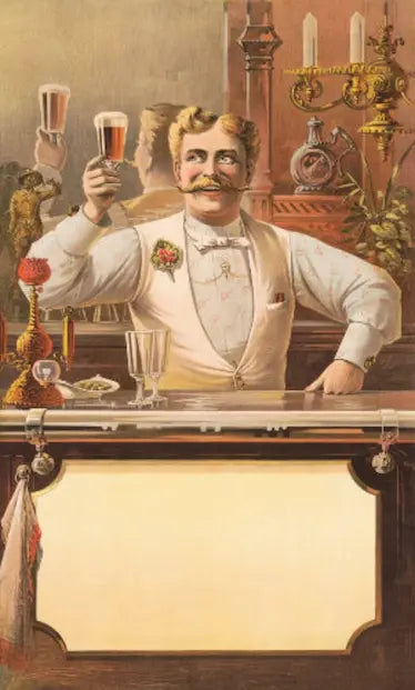 Vintage-style bar scene with a bartender holding a glass of beer, surrounded by bar accessories.