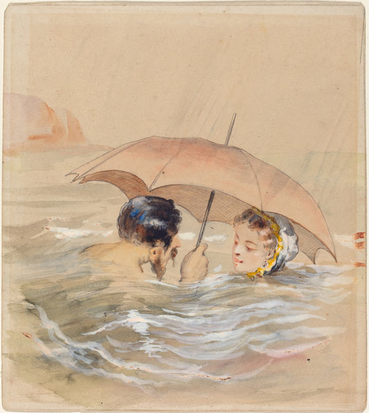 Two people with an umbrella in water, possibly a painting or illustration.