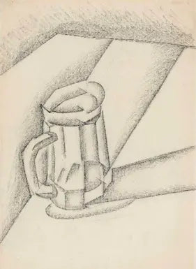 Pencil drawing of a glass with a handle on a surface