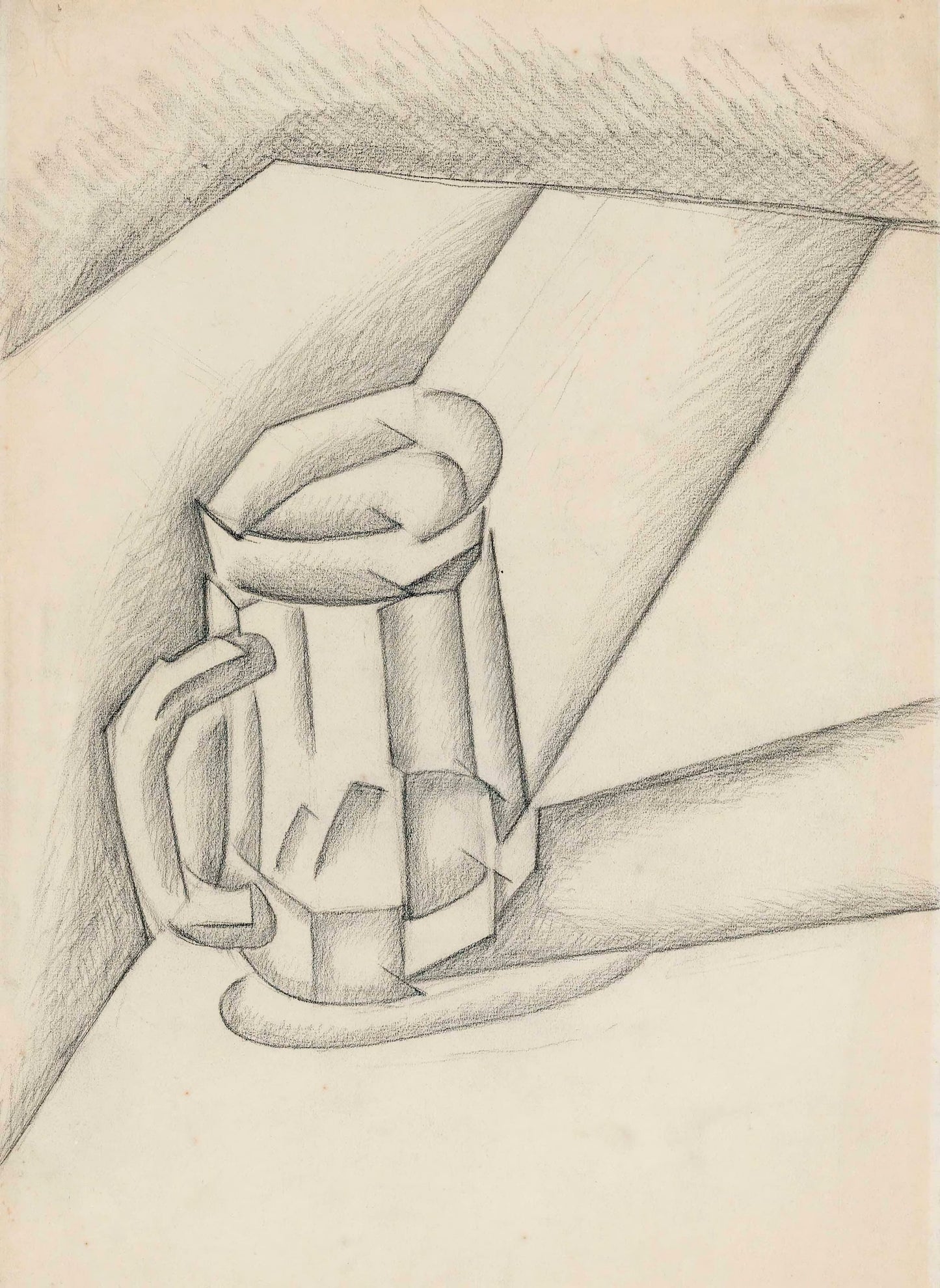 Pencil drawing of a glass with a handle on a surface