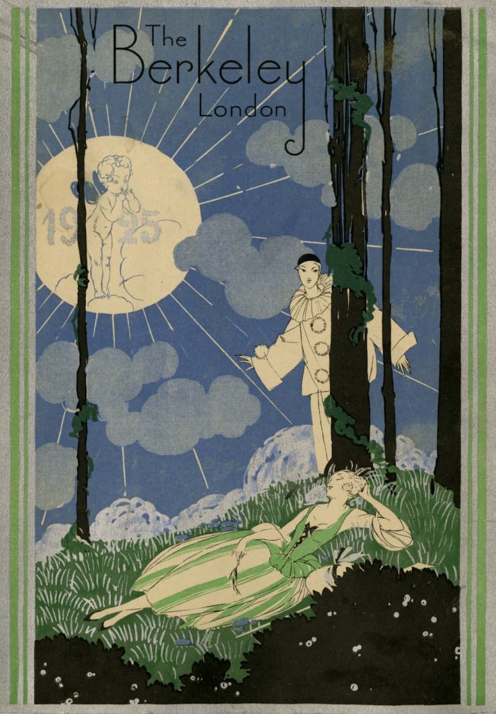 High quality Giclée reproduction of the 1925 Berkeley Hotel London New Year's Eve menu cover, featuring Art Deco illustration of figures in a forest at night.