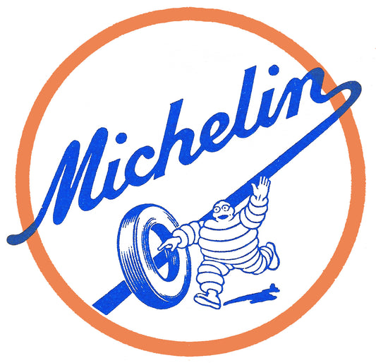 Michelin logo with blue text and character inside an orange circle on a white background