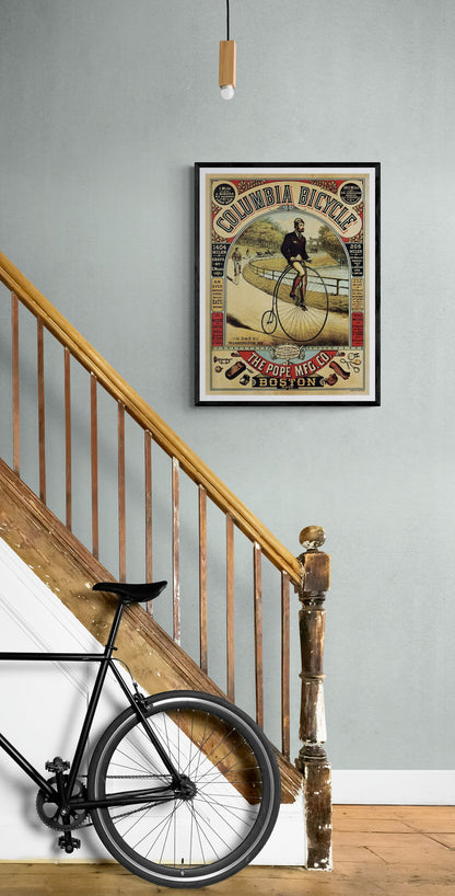 Columbia "Penny farthing" vintage cycling poster, Boston (1880s)