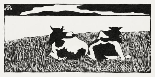 Black and white illustration of two cows lying down in a field with a minimalistic background.