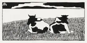 Two cows sitting on grass with a minimalistic background