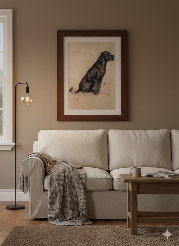 A framed art print of a black dog sitting down, displayed on a warm brown wall above a cream-colored sofa in a cozy living room setting.