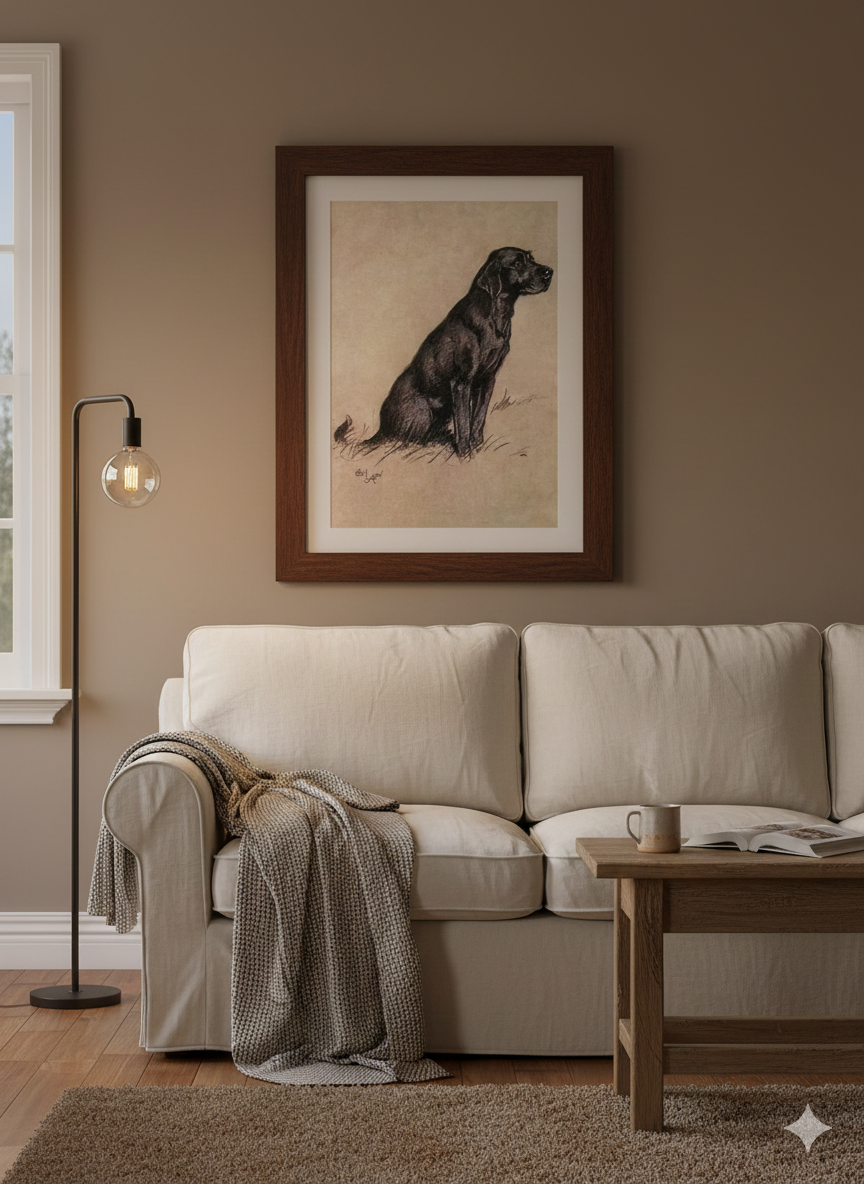 Living room with beige sofa, framed artwork of a dog, and wooden coffee table.