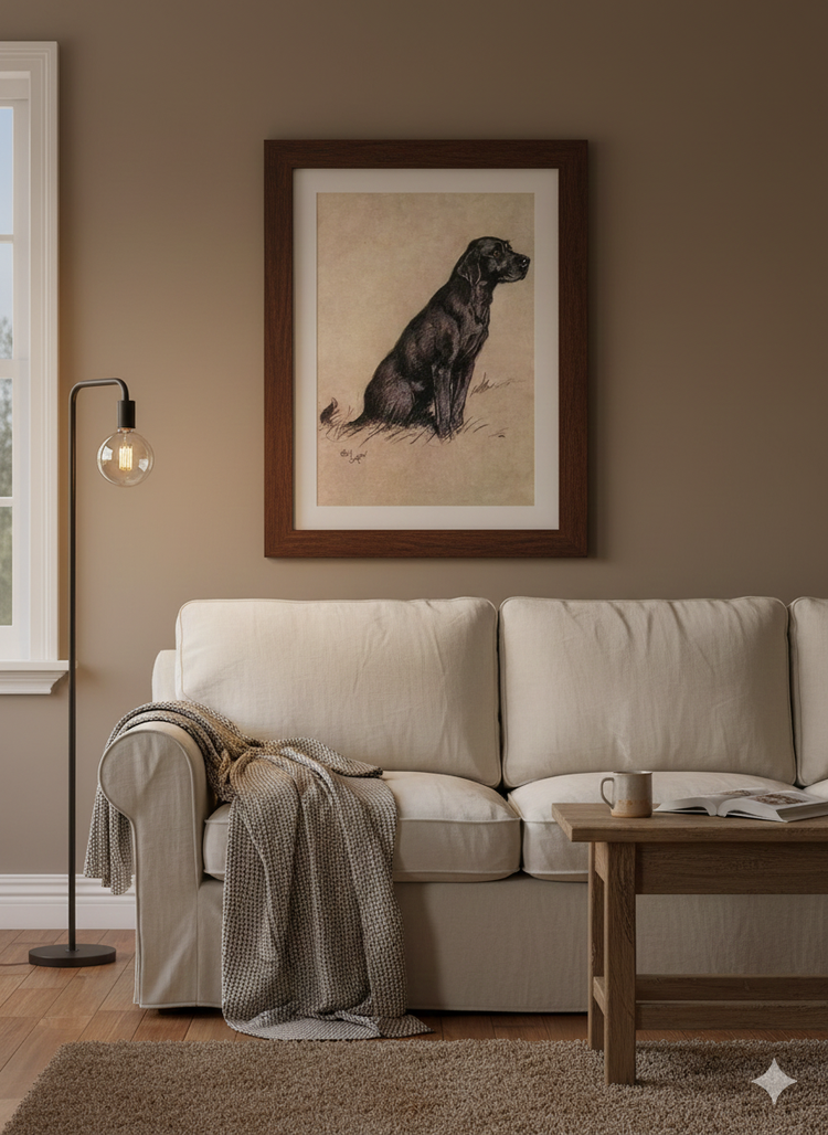 Living room with beige sofa, framed artwork of a dog, and wooden coffee table.