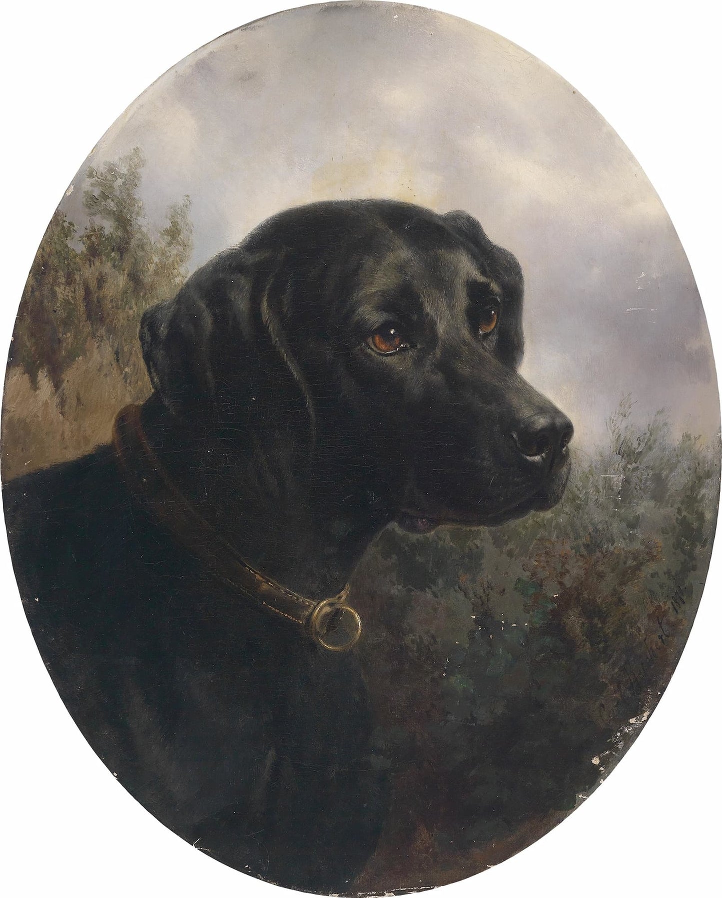 Painting of a black dog with a gold collar against a natural background