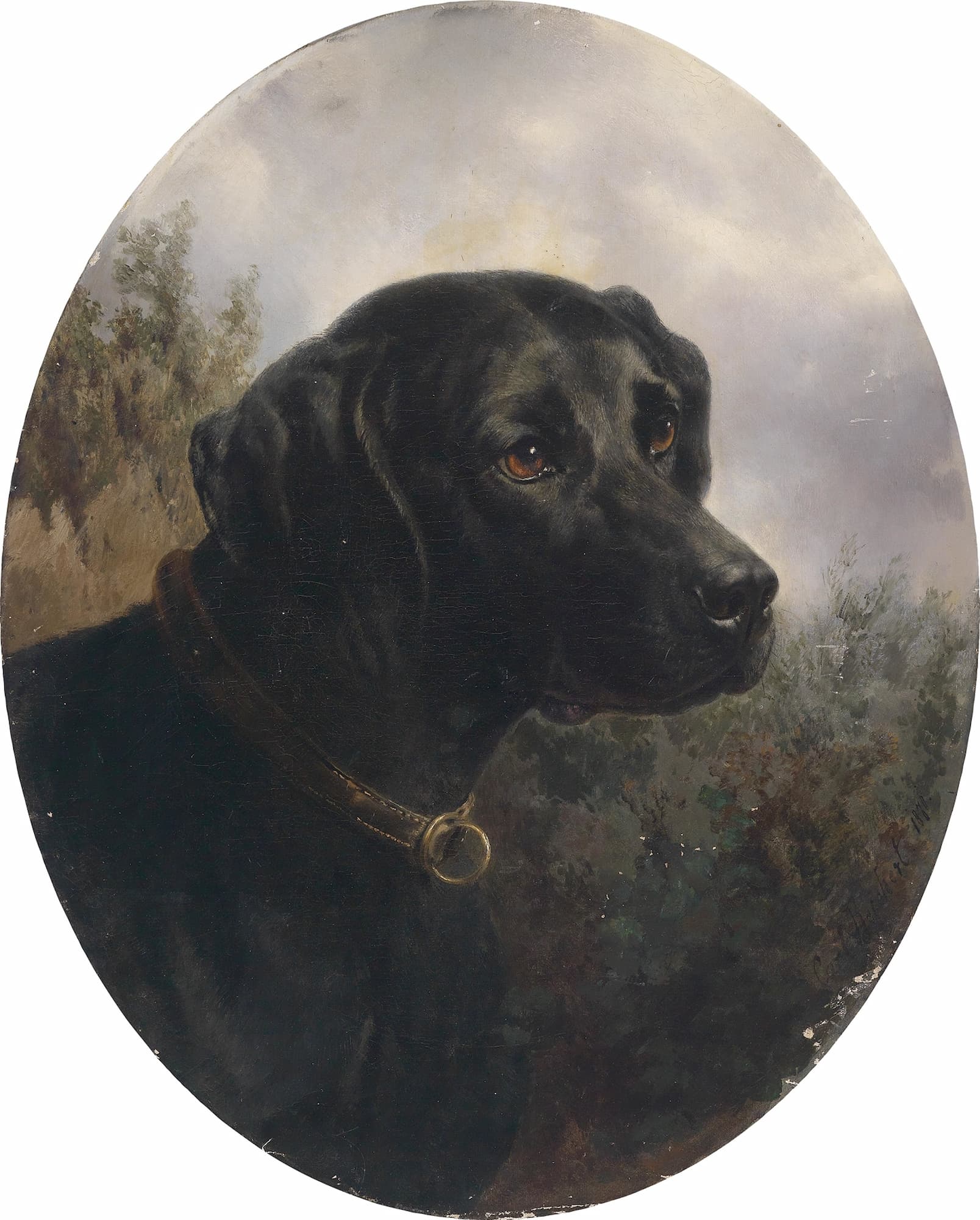 Painting of a black dog with a gold collar against a natural background