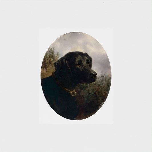 Oval painting of a black dog with a blurred natural background