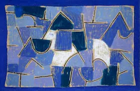 Abstract art piece with blue and white shapes on a blue background