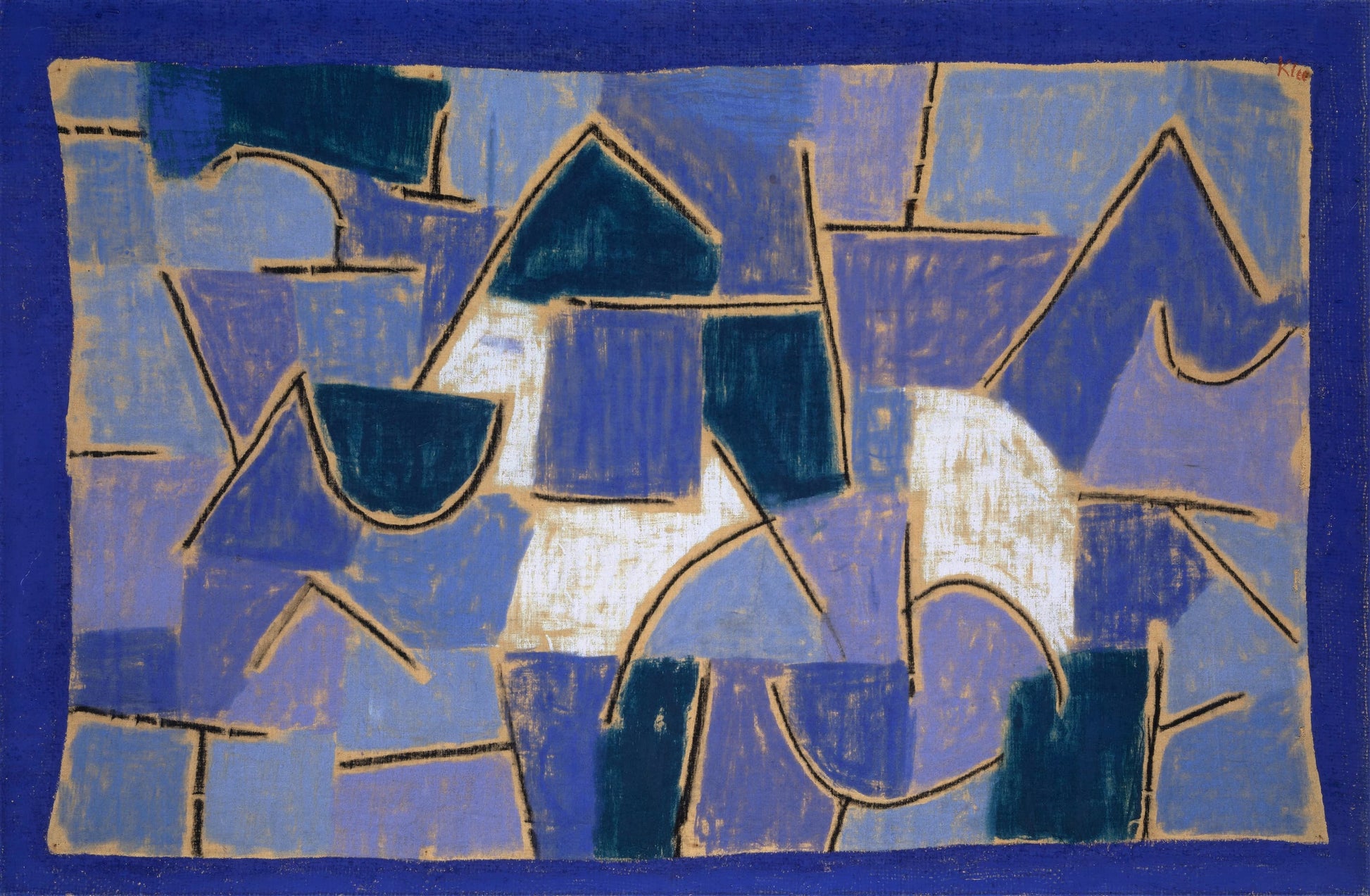 Abstract artwork with geometric shapes in blue and beige on a blue background