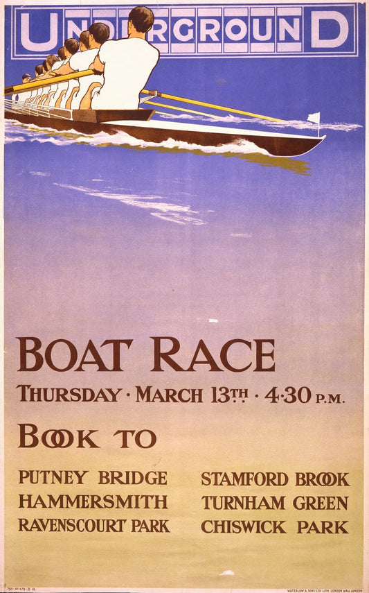 Vintage-style poster advertising a boat race with rowers in a boat.