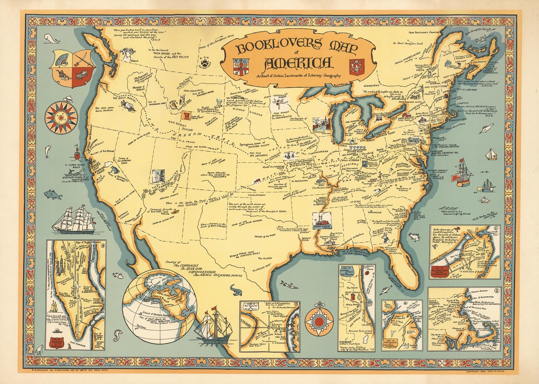 Map of the United States with decorative borders and inset illustrations, titled 'Booklovers' Map of America'.