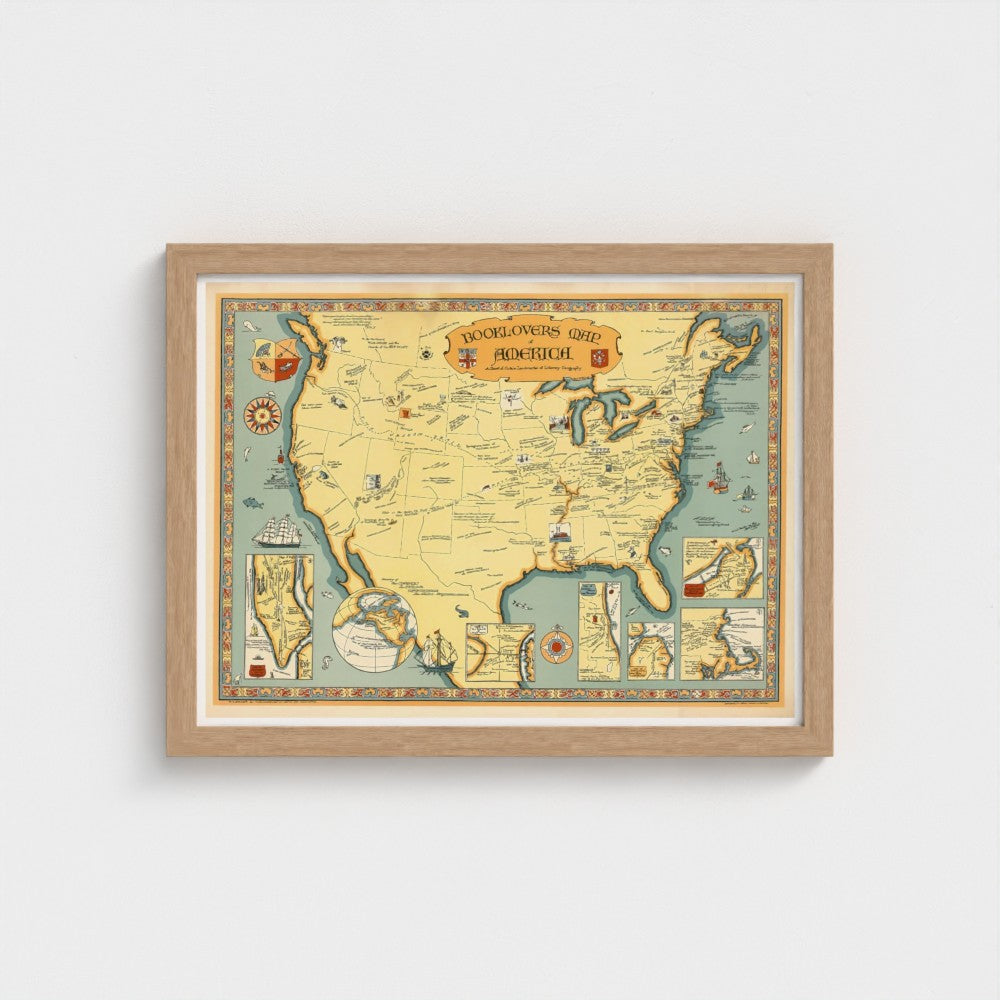 Framed vintage-style map of the United States on a light gray background