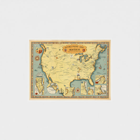 Vintage-style map of the United States on a white background