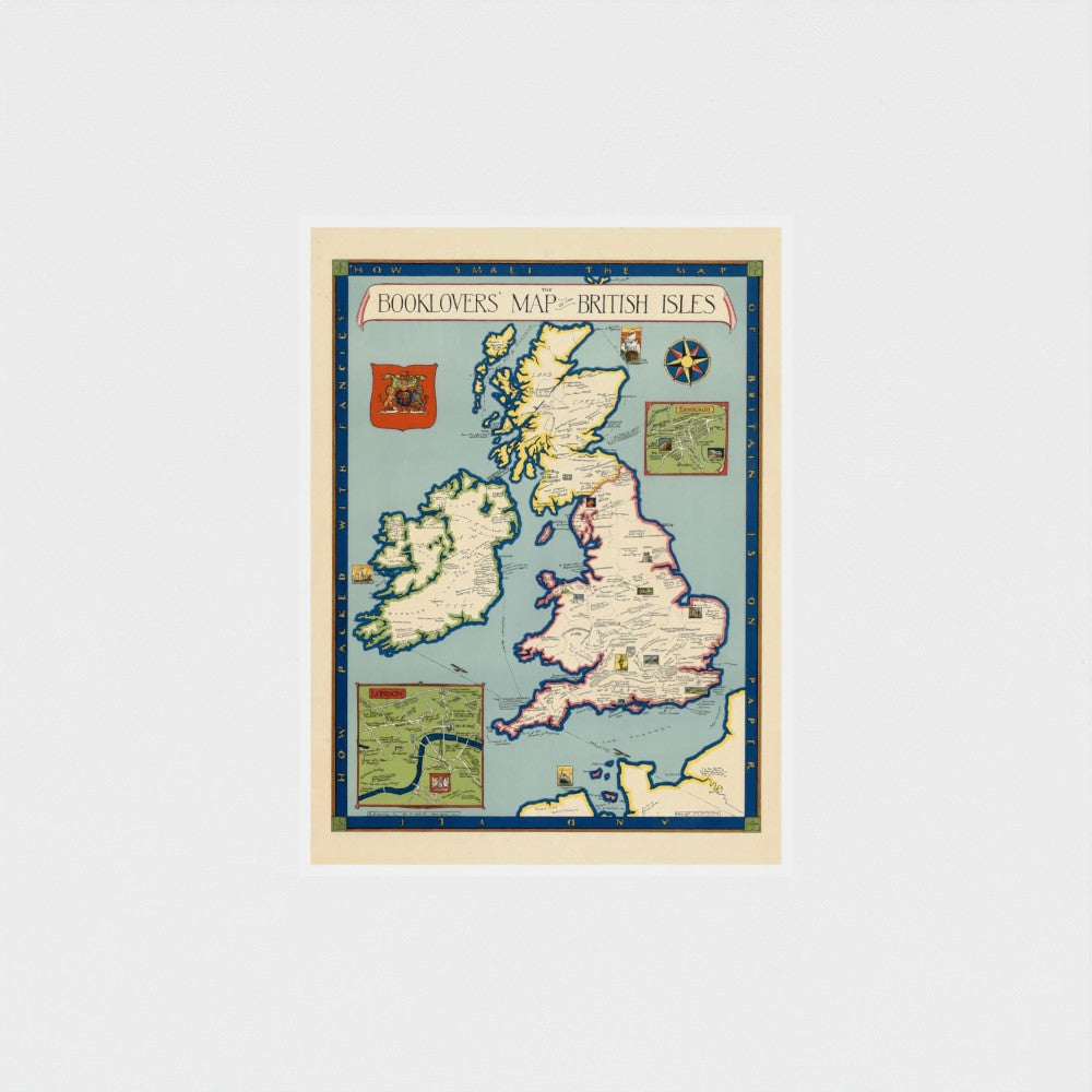 Map of the British Isles with decorative borders on a light beige background