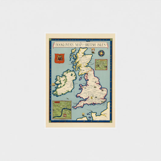 Map of the British Isles with decorative borders on a light beige background