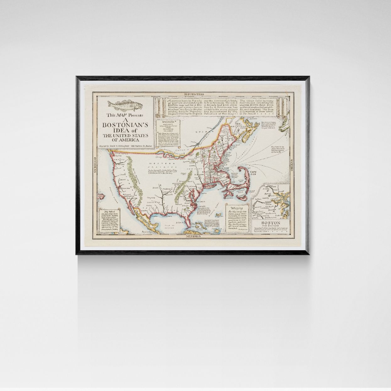 Framed map of Boston and the United States on a white wall