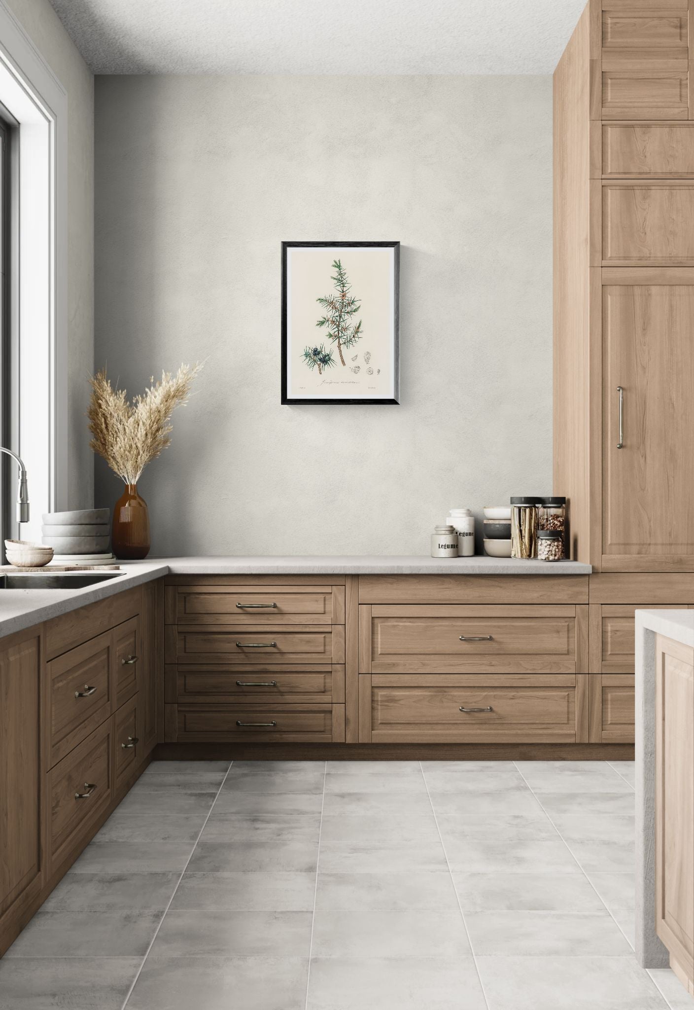 Modern kitchen with wooden cabinets, white walls, and a decorative plant.