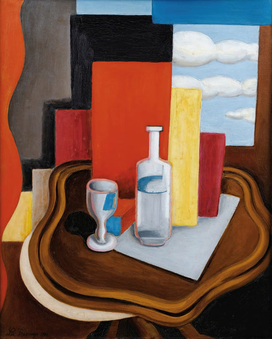 Abstract still life painting with a bottle, glass, and geometric shapes on a wooden surface.