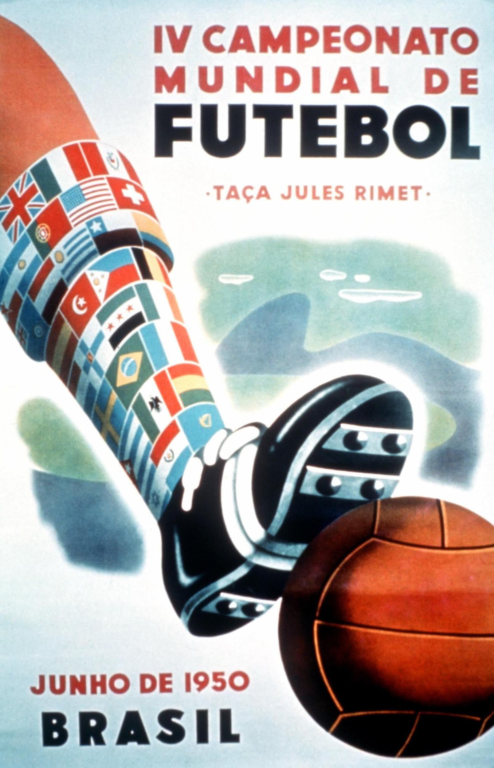 Vintage poster for the IV Campeonato Mundial de Futebol featuring a soccer ball and boot with international flags.