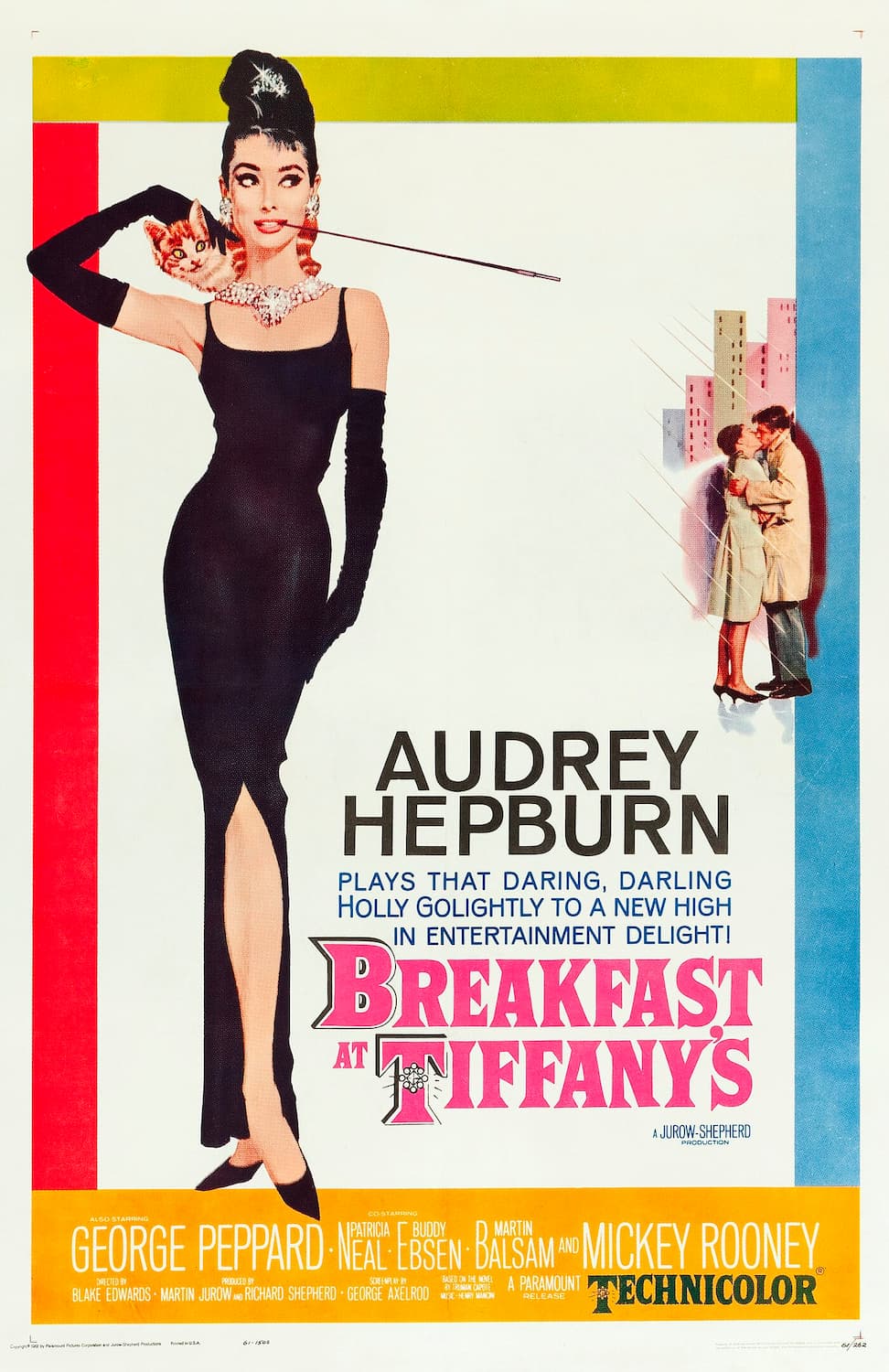 High-quality Giclée reproduction of the Breakfast at Tiffany's movie poster, featuring Audrey Hepburn in a black dress and long gloves, holding a cigarette holder, vintage 1960s film art.