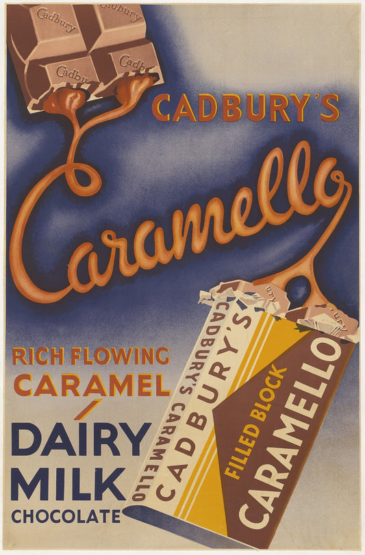 High quality Giclée reproduction of the 1930s Cadbury's Caramello poster, showing rich flowing caramel and the chocolate bar, vintage British food advert.