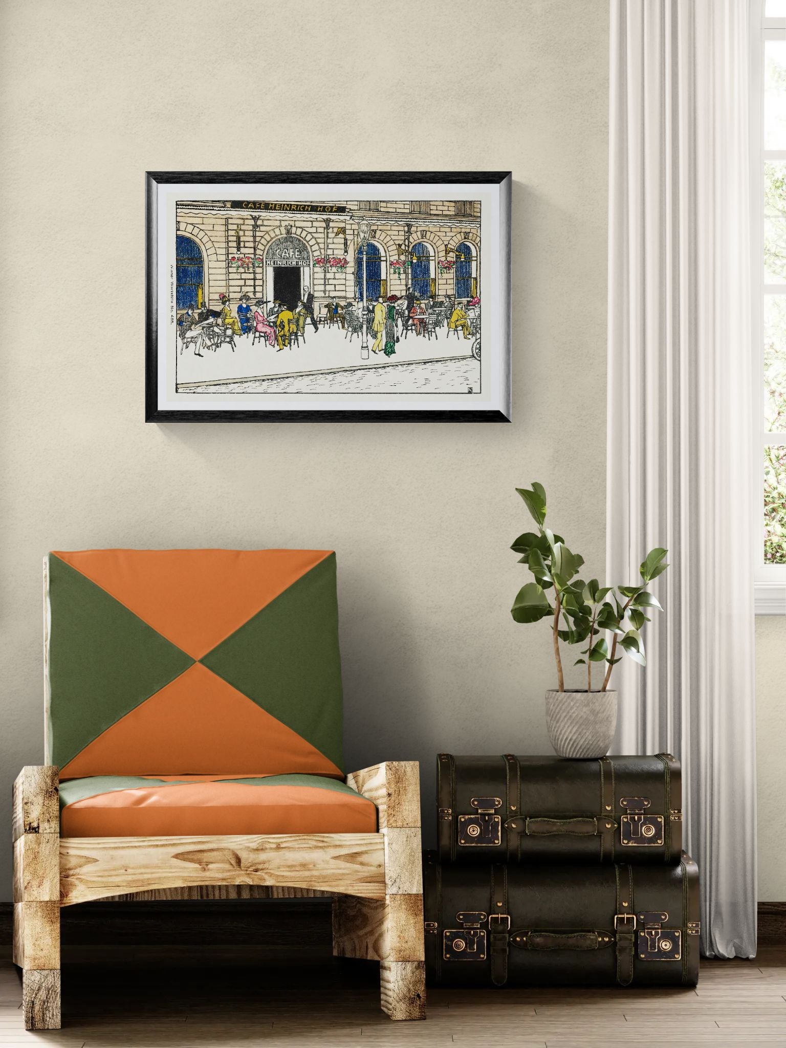 Chair with geometric cushion, framed artwork, and vintage suitcase in a room.