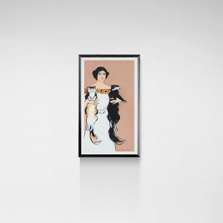 Framed artwork of a woman with two cats on a beige background