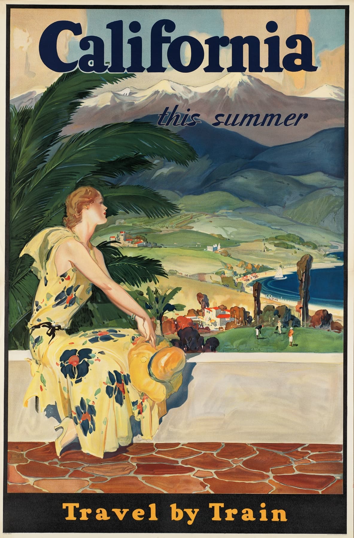 High-quality Giclée reproduction of the 1930s California travel poster, featuring a woman in a yellow floral dress overlooking a coastal town with mountains in the background, promoting train travel, Art Deco style.