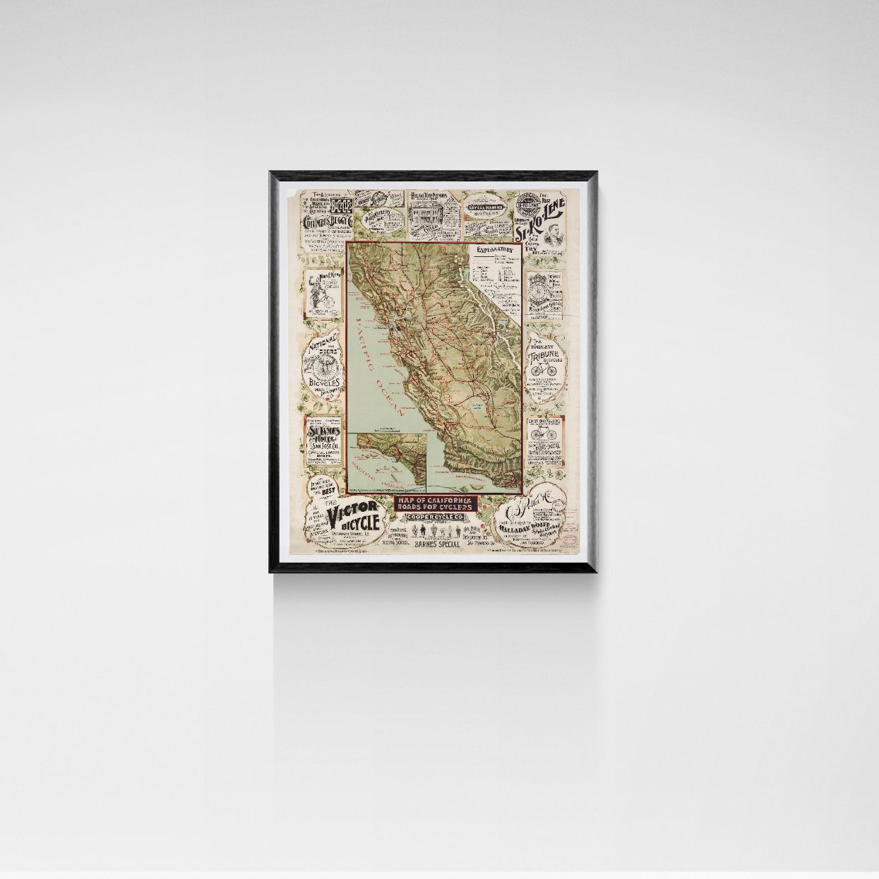 Framed vintage-style map of California on a white wall
