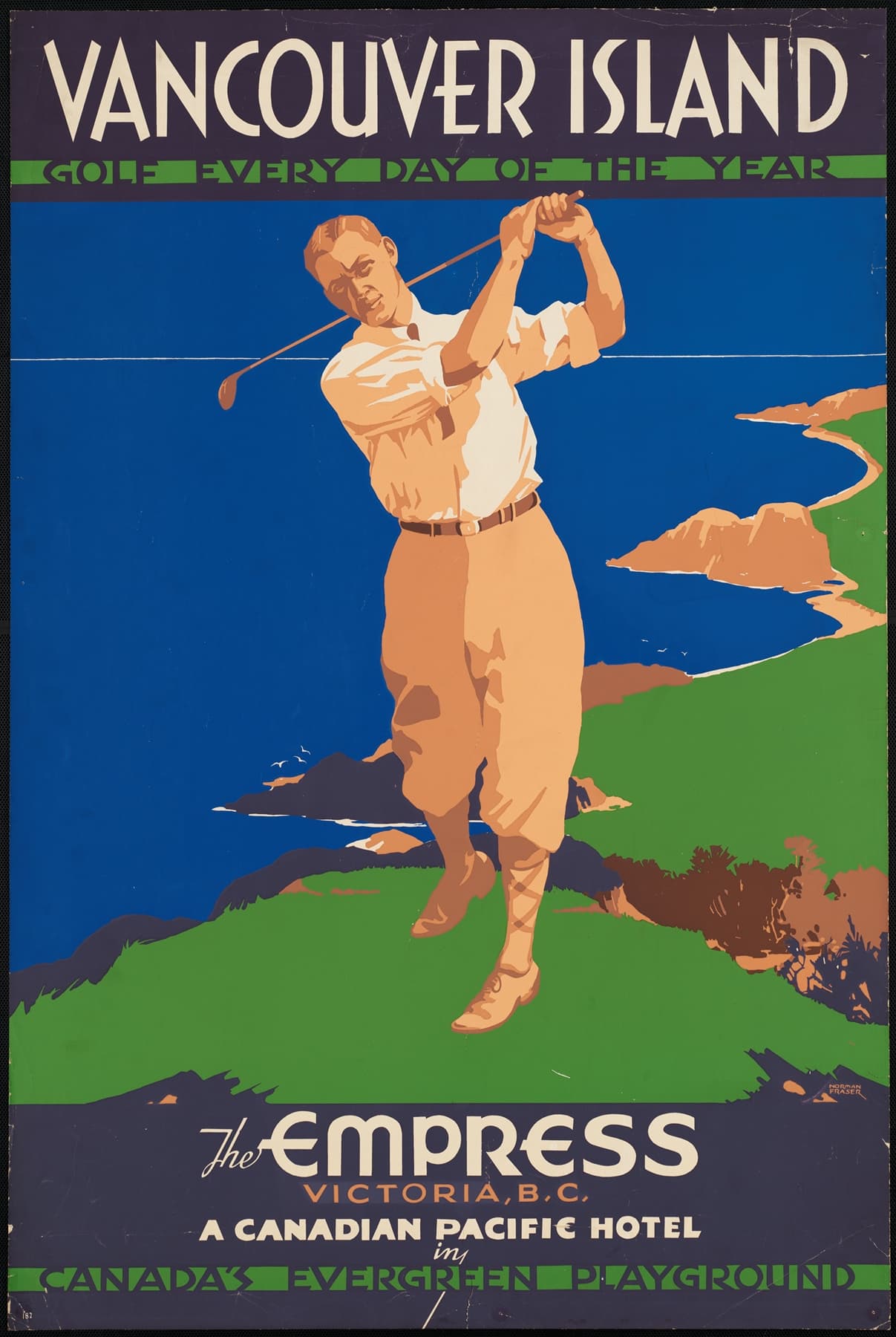 Vintage-style advertisement for Vancouver Island featuring a golfer and scenic landscape.