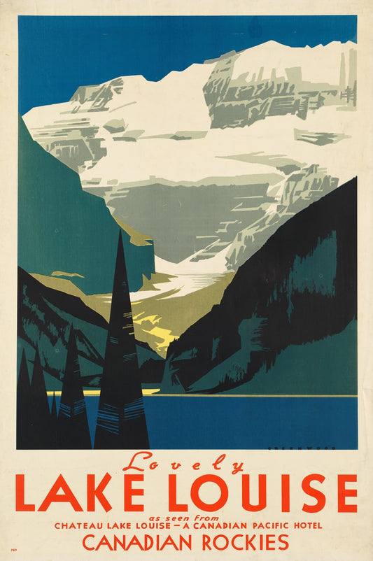 Vintage-style poster of Lake Louise with mountains and ice, featuring the text 'Lovely Lake Louise' and 'Canadian Rockies'.